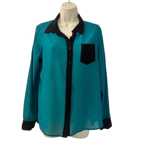 Guess Women’s Teal Button-Up Sheer Blouse with Black Collar Size M - Picture 1 of 10